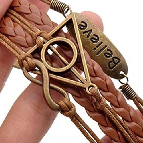 KAMOUR Jewelry Mens Womens Leather Rope Bracelet, Infinity Believe for Harry Potter Deathly Friendship Leather Charm Bangle Gift