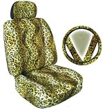 7 Pcs Tan Brown Leopard Universal-fit Animal Print Low Back Front Bucket Seat Cover with Separate Headrest Cover, Steering Wheel Cover and Shoulder Seat Belt Pads Combo