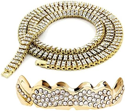 Men's 2 Row Iced Out Gold Plated Chain Necklace + Gold Plated Iced Out Grillz Set