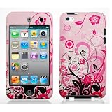 Pink Flower Black Vine Design Rubberized Snap on Hard Cover Protector Faceplate Cell Phone Case for Apple Ipod Touch 4G 4th Generation Touch4 itouch 4 + Premium LCD Screen Guard Film