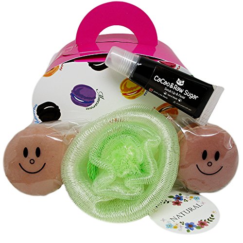 Smile Macaron Soap & Foaming Net 4-layer bubble mesh pocket & Kakao Sugar moisturizing Lip & Face soft Formulation Scrub, All Natural Hand Made, Mini Gift Set (Brown)