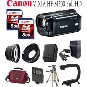 Canon VIXIA HF M500 Camcorder Full HD 1920 x 1080 Video and 10x Optical Zoom + Battery + Two 8GB Memory Cards + Deluxe Case + Tripod + Sunpak VL-LED-9 Compact Video Light + Action Stabilizing ForeGrip Handle + Travel charger + Filter Kit + 0.45X Wide Angle Lens + 2x Telephoto Lens