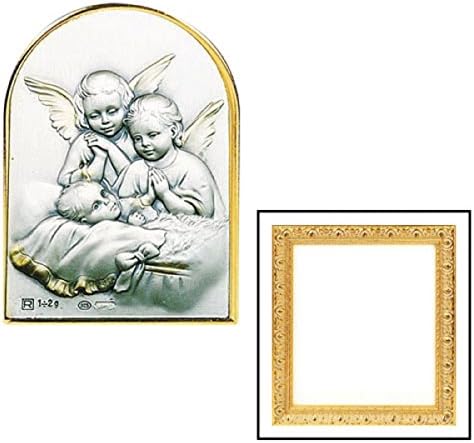 6.5" Frame - Guardian Angels with Baby. -- Sterling Silver/embossed Wood/sterling Under Glass -- 5.75" W X 6.5" H