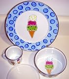 Golden Rabbit Enamelware 3 Piece Child Set, Ice Cream, Blue