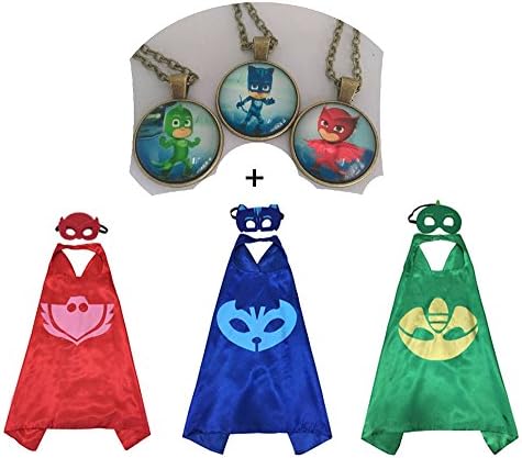 3 packs PJ Masks Inspired Costume Cape &amp; Mask + 3 Pendant Necklaces Cosplay
