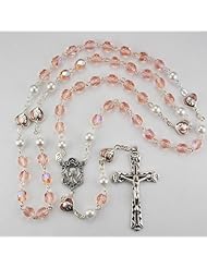 6mm Pink & Pearl Rosary withHeart O.F. Beads, Deluxe Gift Boxed