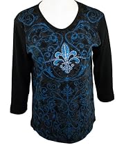 Cactus Bay Apparel Rhinestone Accented, Attractively Printed, 3/4 Sleeve Crew Neck, Black Colored Cotton Woman's Fashion Top - Fleur De Lis Scrool