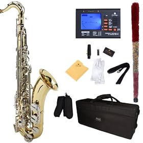 Mendini MTS-LN Gold Lacquered Body w/ Nickel Plated Keys (Two Tone) B Flat Tenor Saxophone + Hard Case, Accessories & Chromatic Tuner with Metronome