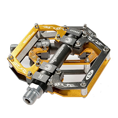 RockBros MTB Mountain Bike Pedals Flat Aluminum Alloy Platform Sealed Bearing Axle 9/16" (Gold)