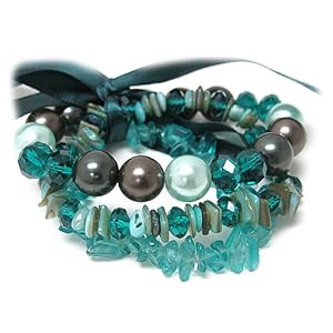 Turquoise Glass Pearl and Natural Chip Stone Stretch Bracelet