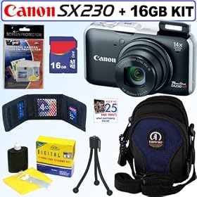 Canon PowerShot SX230HS 12 MP Digital Camera (Black) + 16GB Accessory Kit