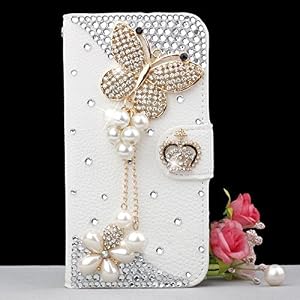 Wendy's Stores(TM) White Luxury 3D Fashion Handmade Bling Crystal Rhinestone PU Flip Wallet Leather Case Cover for Smart Mobile Phones (Samsung Galaxy note 4, Pearl Butterfly)