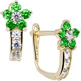 14K Yellow Gold Emerald Green Cubic Zirconia Flower Earrings