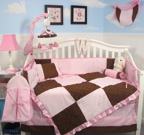 Soho Pink Minky and Brown Suede Baby Crib Nursery Bedding SET 10 Pieces ** Reversible Into 2 Designs ! **