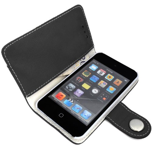 APPLE IPOD TOUCH 4 4TH GEN BLACK AND WHITE MAGNETIC BOOK FLIP PU LEATHER CASE COVER POUCH + SCREEN PROTECTOR +STYLUS