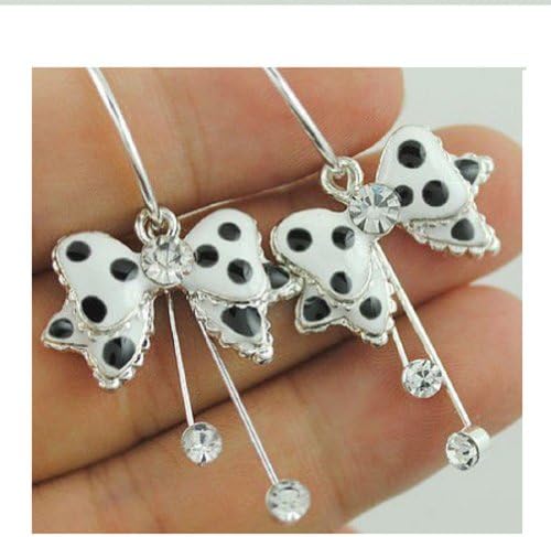 Polka Dot Bow Hoop Dangle Fashion Earrings with Rhinestones (White)