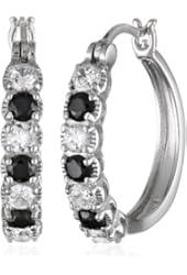 Sterling Silver Black and White Cubic Zirconia Alternating Hoop Earrings