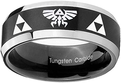 8MM Tungsten Triforce & Legend of Zelda Satin Black Beveled Edges 2 Tone Bands Ring Size 10