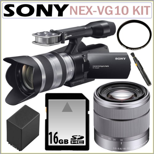 Sony NEXVG10 NEX-VG10 Full HD Interchangeable Lens Camcorder (Black) with Sony SEL1855 18-55mm E-Lens + 16GB Accessory Kit Sony NEXVG10 NEX-VG10 Full HD Interchangeable Lens Camcorder (Black) with Sony SEL1855 18-55mm E-Lens + 16GB Accessory Kit
