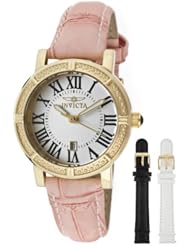 Invicta Womens 13968 Wildflower Watch Set Silver Dial Gold Case Pink Leather Watch with 2 Additional Straps