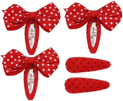Baby/Todler/Girl ribbon Bow Hair Clip 3 Ribbon and 2 Clips Set (Dot Polka / Red)