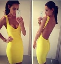Hot Sale Sexy Backless Celebrity Bandage Bodycon Cocktail Party Evening Casual Dress (Medium, Yellow)