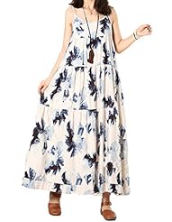Flared-Skirt Sleeveless Spaghetti Strap Cotton Tiered General Print  Dress