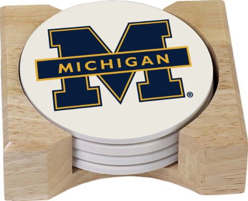 NCAA Michigan Wolverines Absorbent Coaster Four Pack Gift Set with Butcher Block Holder