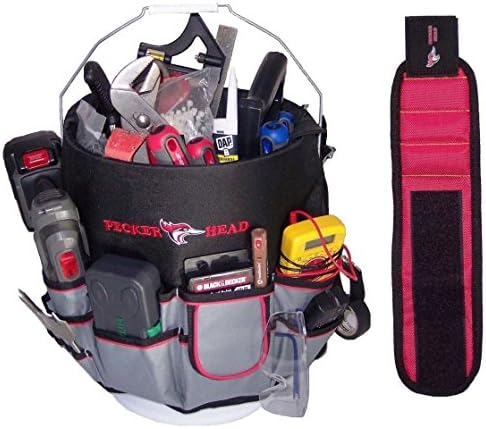 Bucket Tool Organizer - Caddy with Bonus Magnetic Wristband for holding nails-screws-nuts and bolts. Made of tough 600D water resistant polyester with strong webbings. Fits most 5 gallon buckets