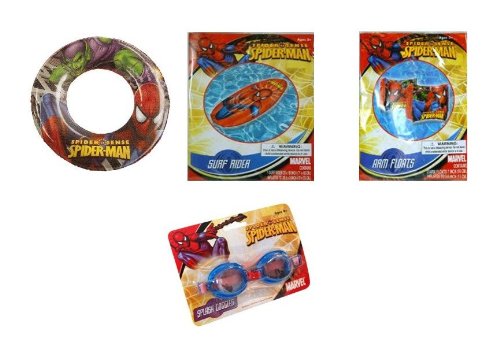Spiderman Summer Fun Pool Set - Goggles, Arm Floats, Surf Rider Swim Raft & Swim Ring