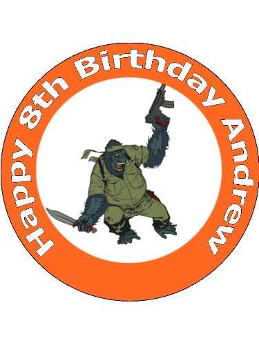 7.5″ Funny Cartoon Ape Soldier Edible Image Cake Toppers Decorations Personalized On Edible Wafer Rice Paper – [Please use the 'Contact Seller' link to send us your personalised message for your topper.]