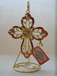 Goldtone Holiday Red Cross with Stand - Red