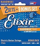 Elixir&reg; Strings 16540 Electric Guitar Strings with NANOWEB&reg; Coating, 3 Pack, Super Light (.009-.042)