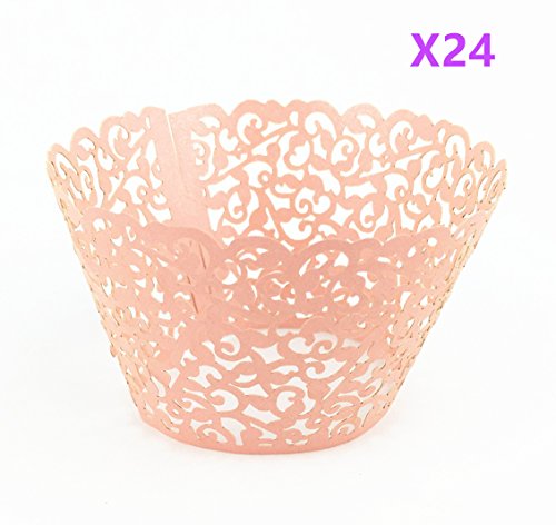 Yansanido 24 set pink Filigree Artistic Bake Little Vine Lace Laser Cut Cupcake Wrapper Cup Muffin Case Trays Collars Wrappers (24pcs pink)