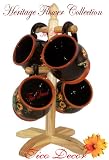 4PC COFFEE MUGS W/ WOOD RACK TUSCANY GARDEN BROWN