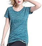 Emoyi レディース 吸汗速乾 トレーニング 半袖 シャツ (M, ブルー)