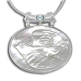 Sterling Silver Mother-of-Pearl Peace Dove Pendant w/ Apatite on Snake Chain by Sajen, 18