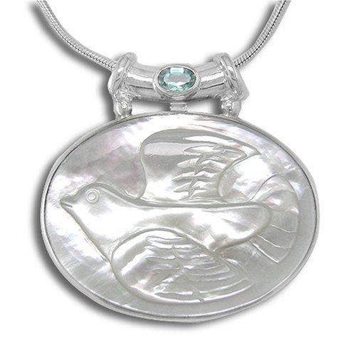Sterling Silver Mother-of-Pearl Peace Dove Pendant w/ Apatite on Snake Chain by Sajen, 18