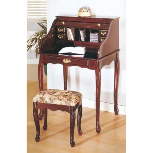 Traditional Cherry Finish Roll Up Secretary Desk Table w/Bench Storage Benches
