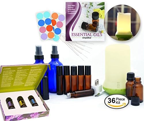 DIY Essential Oils Kit w/ Diffuser, doTerra Starter Set, 36-Piece Variety Set w/ Empty Bottles, Guide &amp; Ultrasonic Mist Diffuser - great gift or starter set for blending