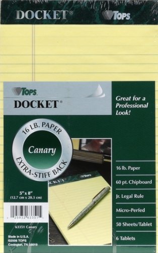 TOPS Docket Junior Legal Pad, 5 x 8 Inches, 50 Sheets, 6-Pack, Canary, (63351)