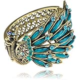 Golden Blue Beads Crystal Rhinestone Gems Side Profile Peacock Bracelet Bangle