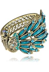 Golden Blue Beads Crystal Rhinestone Gems Side Profile Peacock Bracelet Bangle