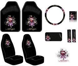 Ed Hardy Love Kills Slowly Seat Covers, Floor Mats, Steering Wheel Cover, Shoulder Belt Pads, Visor Organizer, Pouch and Decal 10-pc Set