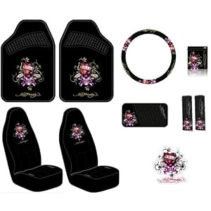 Ed Hardy Love Kills Slowly Seat Covers, Floor Mats, Steering Wheel Cover, CD-DVD Visor Organizer, Seat Belt Shoulder Pads, Vent Pocket, Cling Bling Decal 10-pc Set