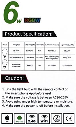 Mi-Light Expansion Bulb: E27 LED 6W 1.6 Million Colour Warm White Bulb for Mi-Light Dimmable Wi-Fi, 2.4Ghz RF Remote, Android and iPhone Control System [Energy Class A]