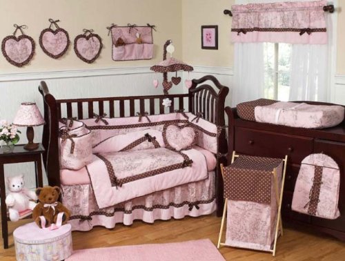 JoJo Designs 9-Piece Baby Crib Bedding Set - Pink and Brown French Toile and Polka Dot