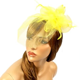 Feathers Pearl Fishnet Hat Fascinator Brooch Clip Head Piece Cocktail Yellow