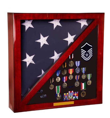 Large Shadow Box Flag Case Holds Medals, Awards and Military Memorbilia Area In a Rosewood Paino Glossy Finish 18" x 18" Square Case