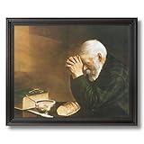 Solid Wood Black Framed Daily Bread Man Praying At Dinner Table Grace Religious Pictures Art Print